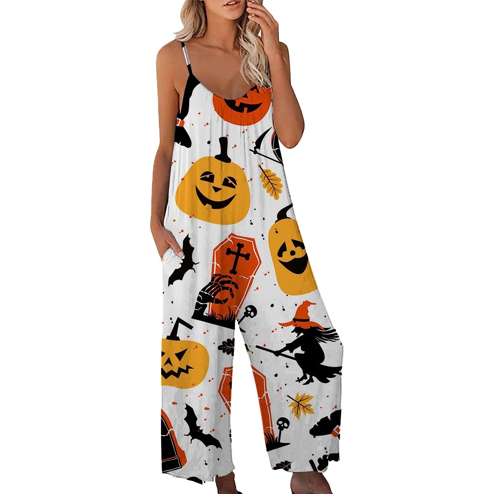 Women's Halloween Strap Jumpsuit Sleeveless One Piece Pumpkin Bat Cat Romper Playsuit Spaghetti Strap Baggy Overalls Pants