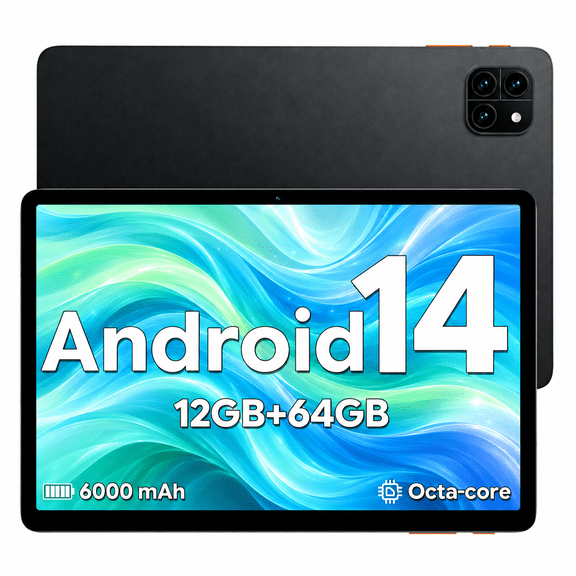 Callsky 10-Inch Tablet, Android 14, 12GB RAM 64GB ROM, WiFi 6, 6000mAh, HD IPS, Black