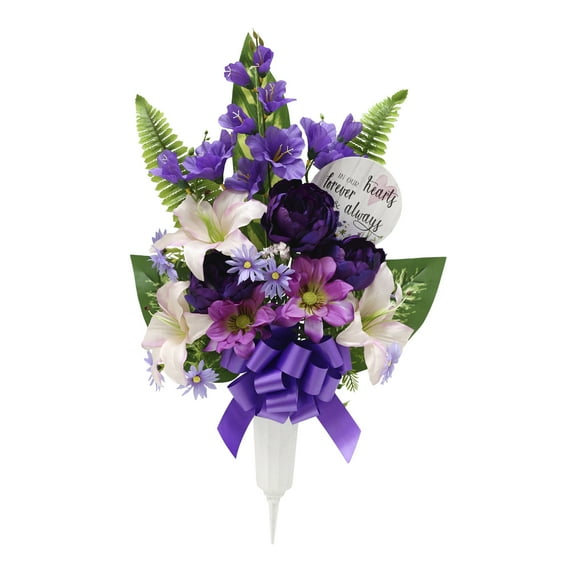26-inch Artificial Silk Purple & Pink Peony Mixed Cemetery Extra Large Round Vase with Sign, for Indoor/Outdoor Use, by Mainstays