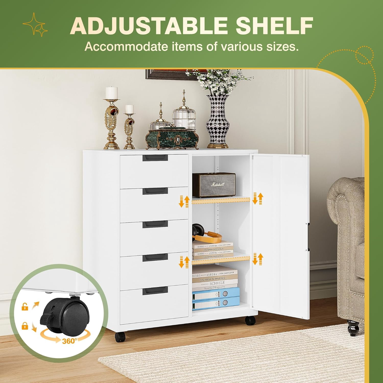 Office Storage Cabinet, 5 Drawer Metal Cabinet w/Universal Wheels, Printer Stand with Storage Shelves, Craft Storage Drawers, Rolling File Cabinets for Home Office (White)