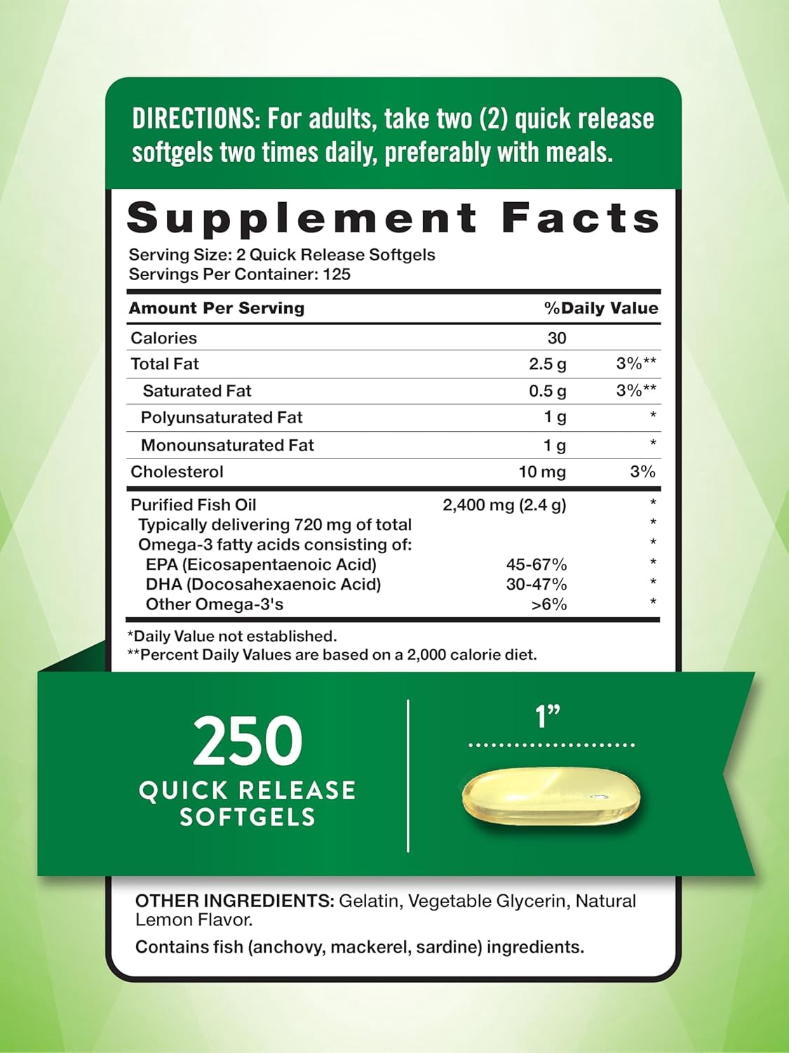 Fish Oil Omega 3 | 2400 mg | 250 Softgels  | Burpless Lemon Flavor Pills | by Nature's Truth