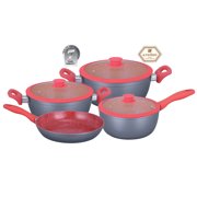 Royal Cook 7 Piece Heavy Aluminum Nonstick coating cookware set, with non-breakable see-through Glass cover Door, Red color, Gift Box