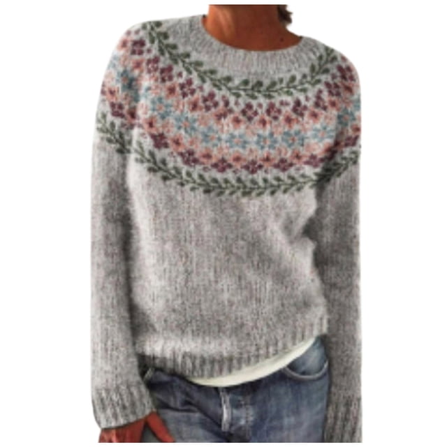 Aocisk Chandails pour Femmes Hiver Automne Décontracté Ample Manches Longues Chandail Tricoté Hauts Fil Doux Chandail Confortable Col Rond Gris Pâle m