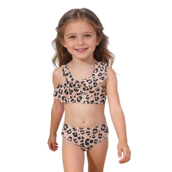 HCYSFG Cheetah Print Swimsuits For Girls Leopard Print 2 Piece Bathing Suits One Shoulder Sleeveless Ruffle Bikini Top High Waisted Bottoms Swimwear