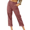 thumbnail image 2 of Conairie Womens Linen Pants Solid Straight Leg Elastic Waisted Casual Lounge Boho Flowy Capri Pants With Button Summer Beach Trousers With Pockets RD2 S, 2 of 5