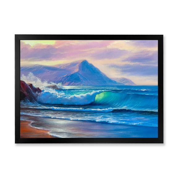 Designart 'Blue Waves Breaking At The Beach Landscape I' Nautical & Coastal Framed Art Print