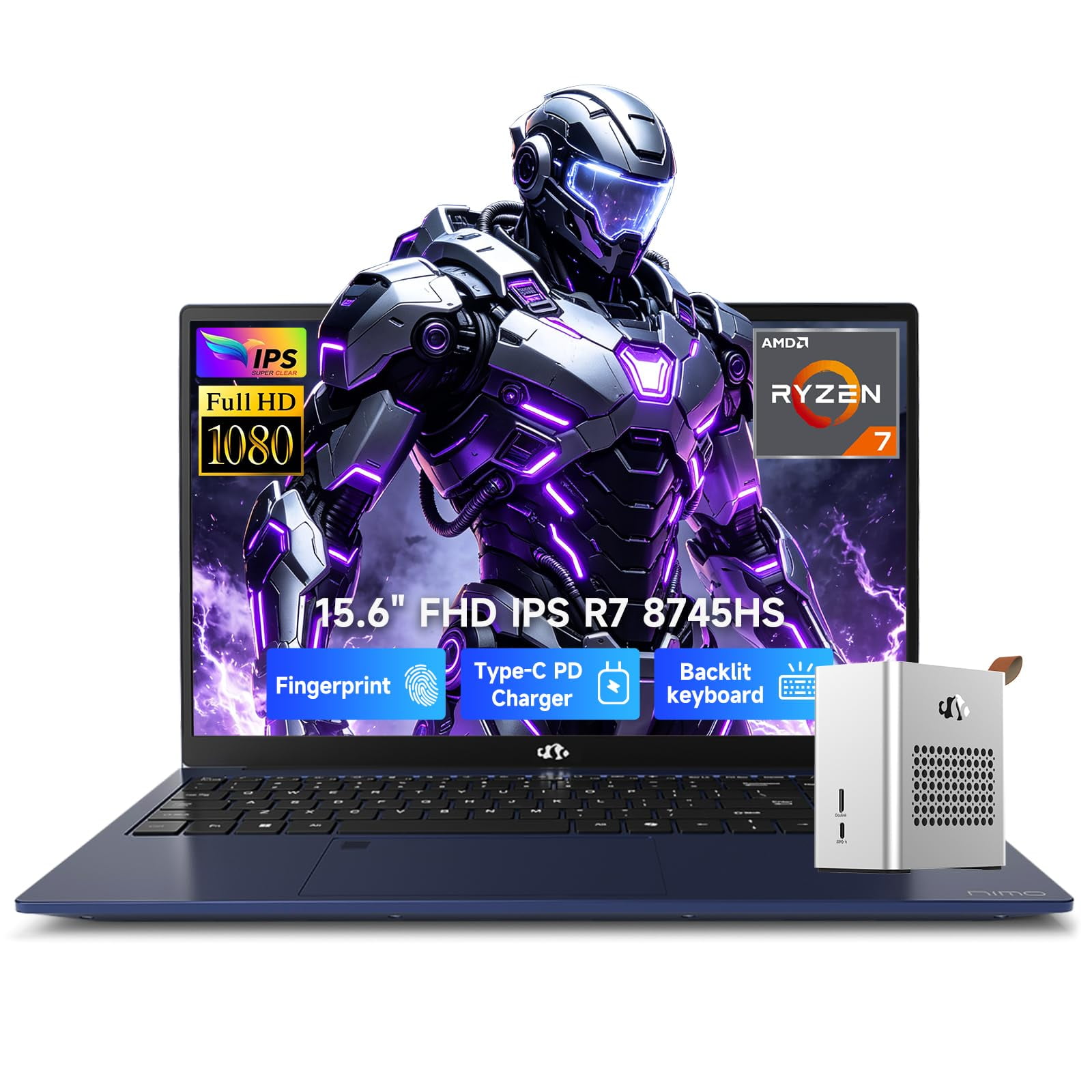 NIMO 15.6" IPS FHD-Gaming-Laptop, 8 Cores AMD Ryzen 7 8745HS 32GB DDR5 RAM 1TB SSD (up to 4.9GHz Beat R9 7940HS) Radeon 780M-Graphics, 100W Type-C Backlit Keyboard Fingerprint for Creators