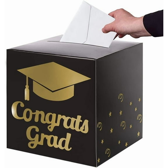 Graduation Card Box Holder, Congrats Grad Foldable Cardboard Decorations Box for Graduation Party Decoration and Grad Parties (Black)