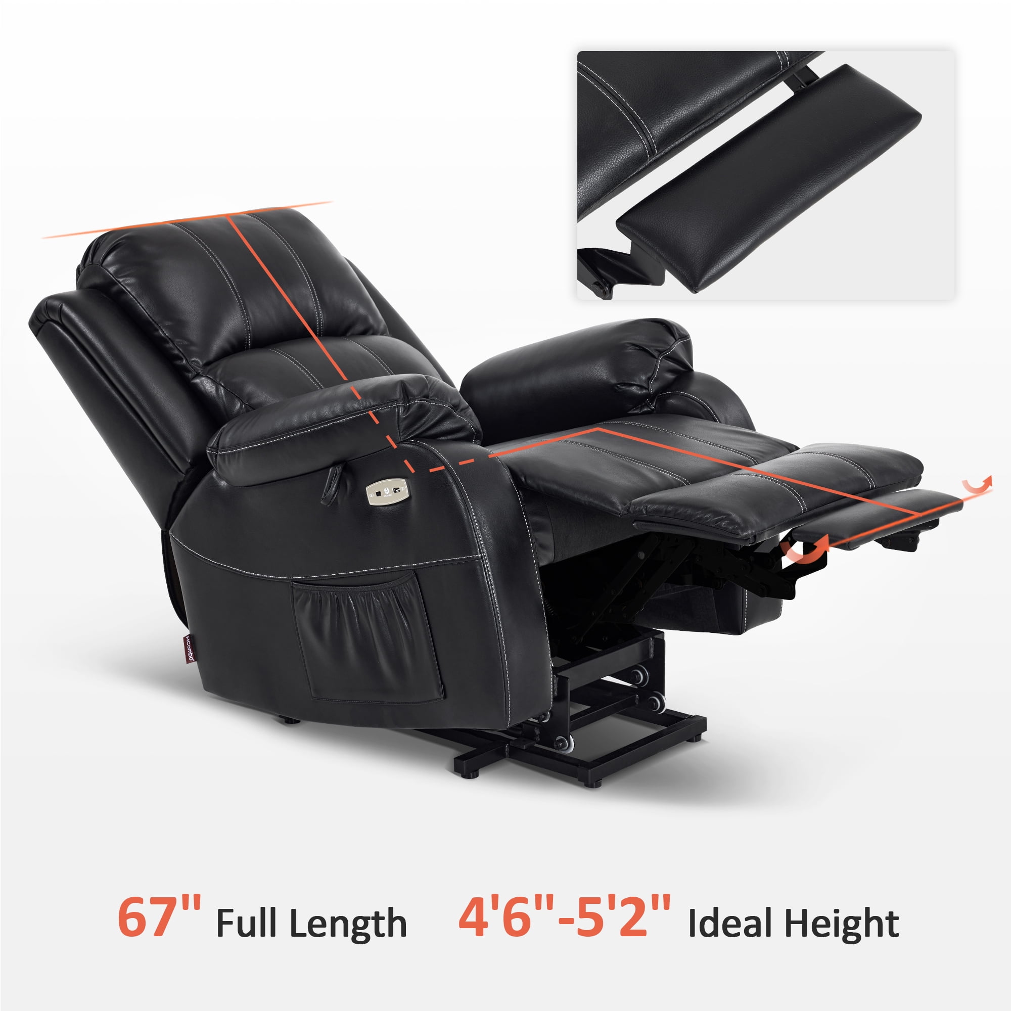MCombo Small-Regular Power Lift Recliner Chair with Massage and Heat for Petite Elderly People, 3 Positions, 2 Side Pockets, USB Ports, Faux Leather (Black, Small-Regular)