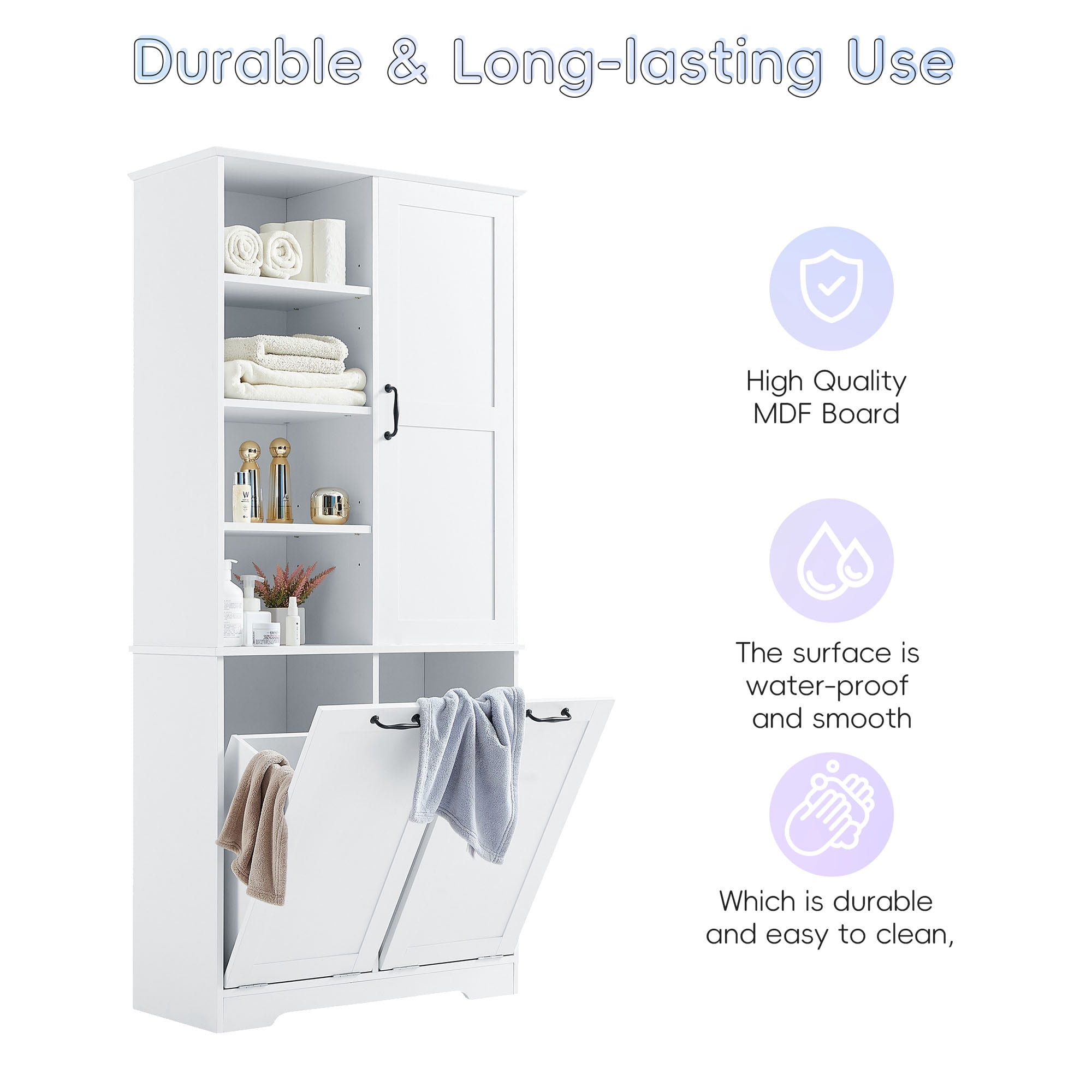 Euroco Laundry Hamper Cabinet with 2 Tilt-Out Baskets and Adjustable Shelves – Tall MDF Storage Cabinet for Bathroom or Laundry Room – Anti-Tip Design