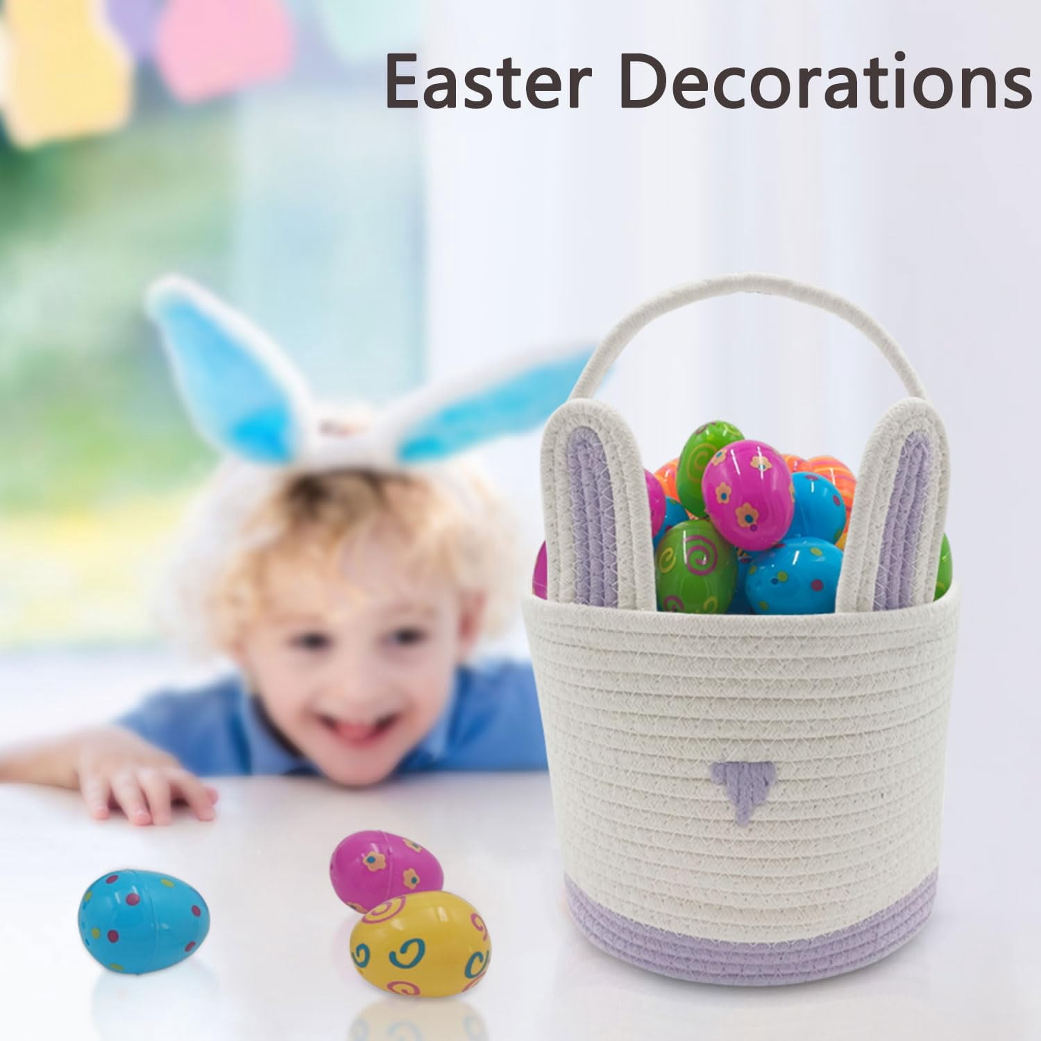 2 Pack Large Woven Easter Baskets for Girls & Boys - Empty Basket with Gift Bags and Ribbons Cute Easter Decorations Bunny Ears Designs (Blue+Purple)