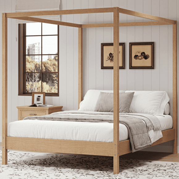 Wood Canopy Bed Frame King Size/Mattress Foundation with Wood Slats Support/No Box Spring Needed/Easy Assembly/Natural