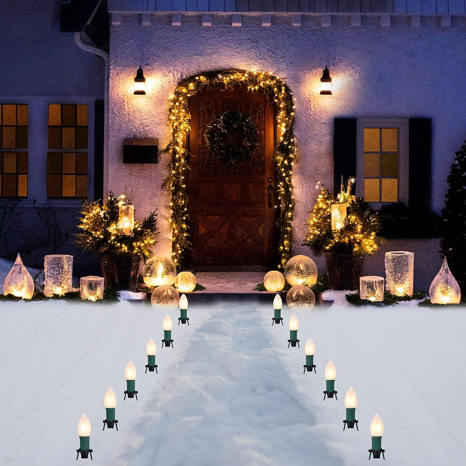 Joyfy Christmas Pathway Lights Outdoor,30.75 FT 24 Walkway Lights with Marker Stakes,Outdoor Christmas Lights for House Warm White Christmas Decorations