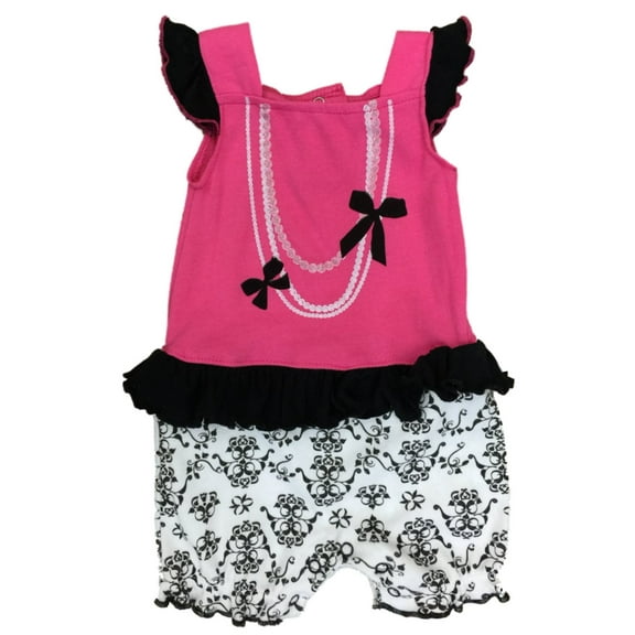 Infant Girls Baby Romper Pink & Black Pearls & Ribbons Bodysuit Creeper 18m