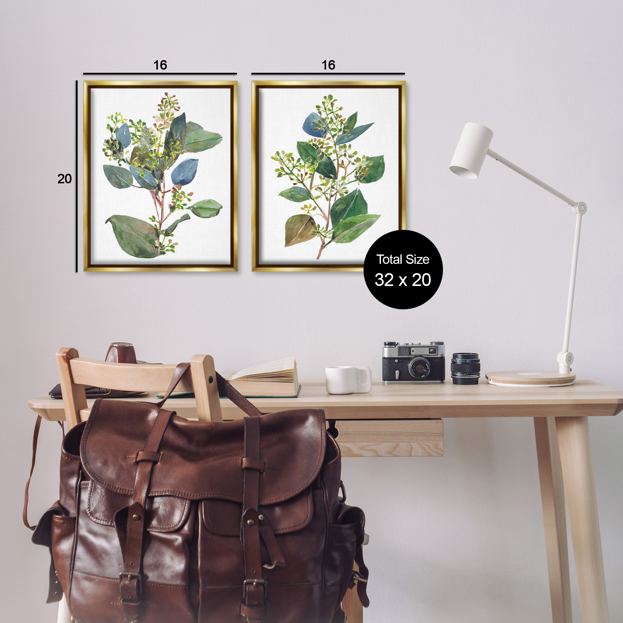 Stupell Industries Soft Eucalyptus Plant Ombre Leaves Botanical & Floral Painting Gold Floater Framed Canvas Art Print Wall Art, 17 x 21, Set of 2