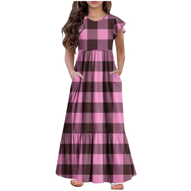 Bwiyojiz Tailles Mode 130-160 Robe d'Été pour Filles à Manches Courtes, Col Rond, Couleur Unie