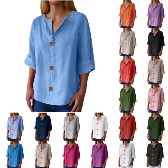 Linen Tops for Women Summer V Neck 3/4 Length Sleeve Womens Tops with Button Roll-Up Sleeve Casual Loose Fit Blouses Black L