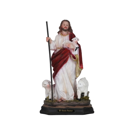 Jesus ,El Buen Pastor 8" Good Shepherd Jesus with Lambs Resin Religious Home Decor Figurine