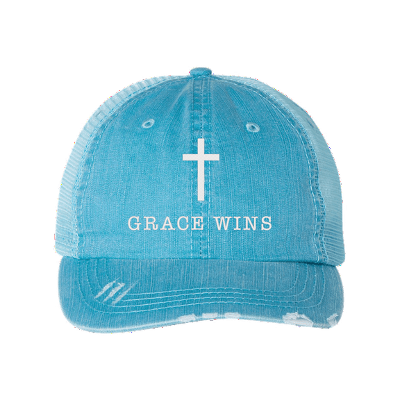 Women's Christian Embroidered Grace Wins Baseball cap, Blue/White Embroidery