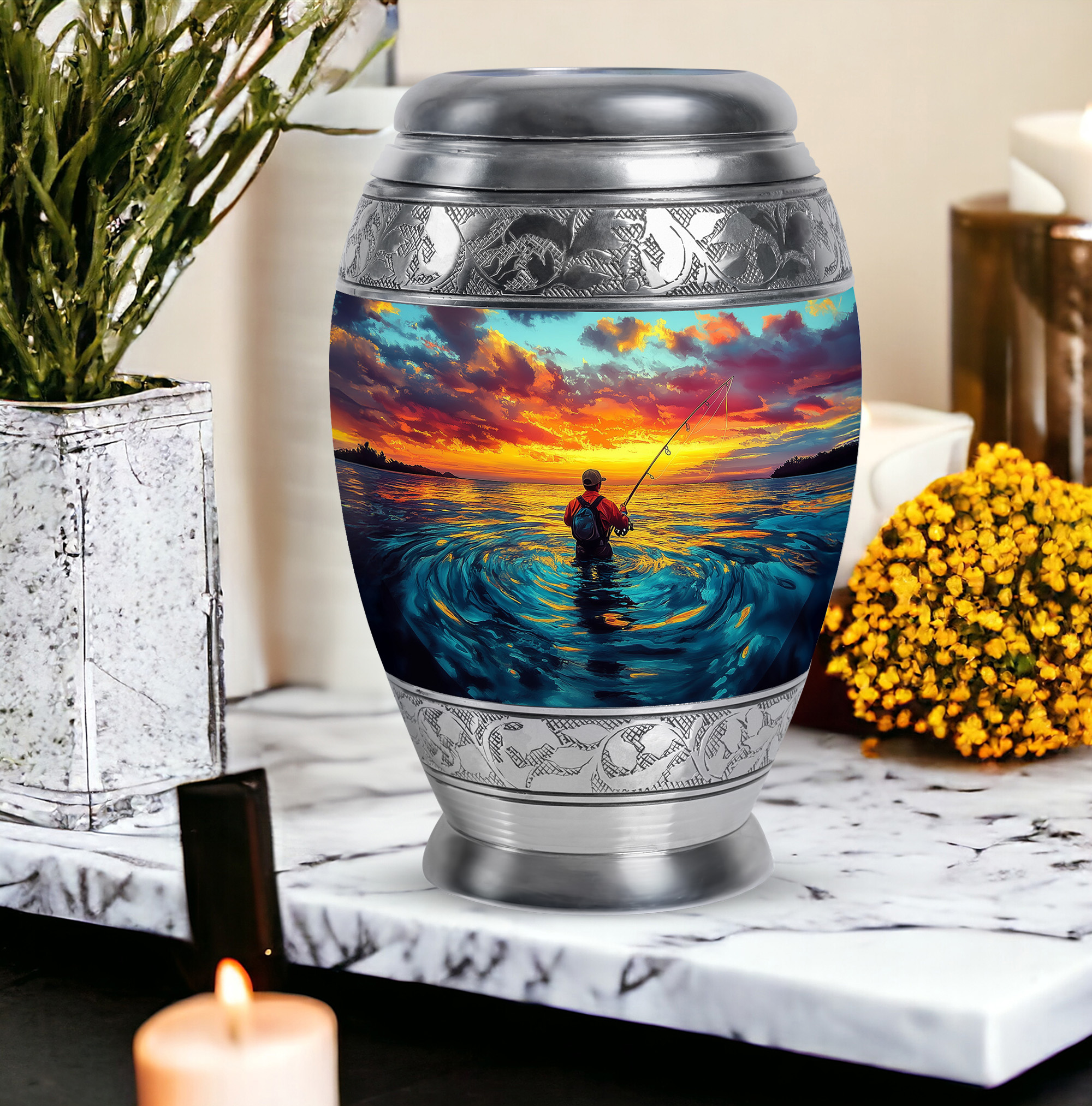 SABURIAL Fishing Urn - Decorative Cremation Urns - Keepsake Urns For Human Ashes Adult Male - Large Burial Urn For Ashes For Women & Men - Combo Of 10 Inch & 3 Inch