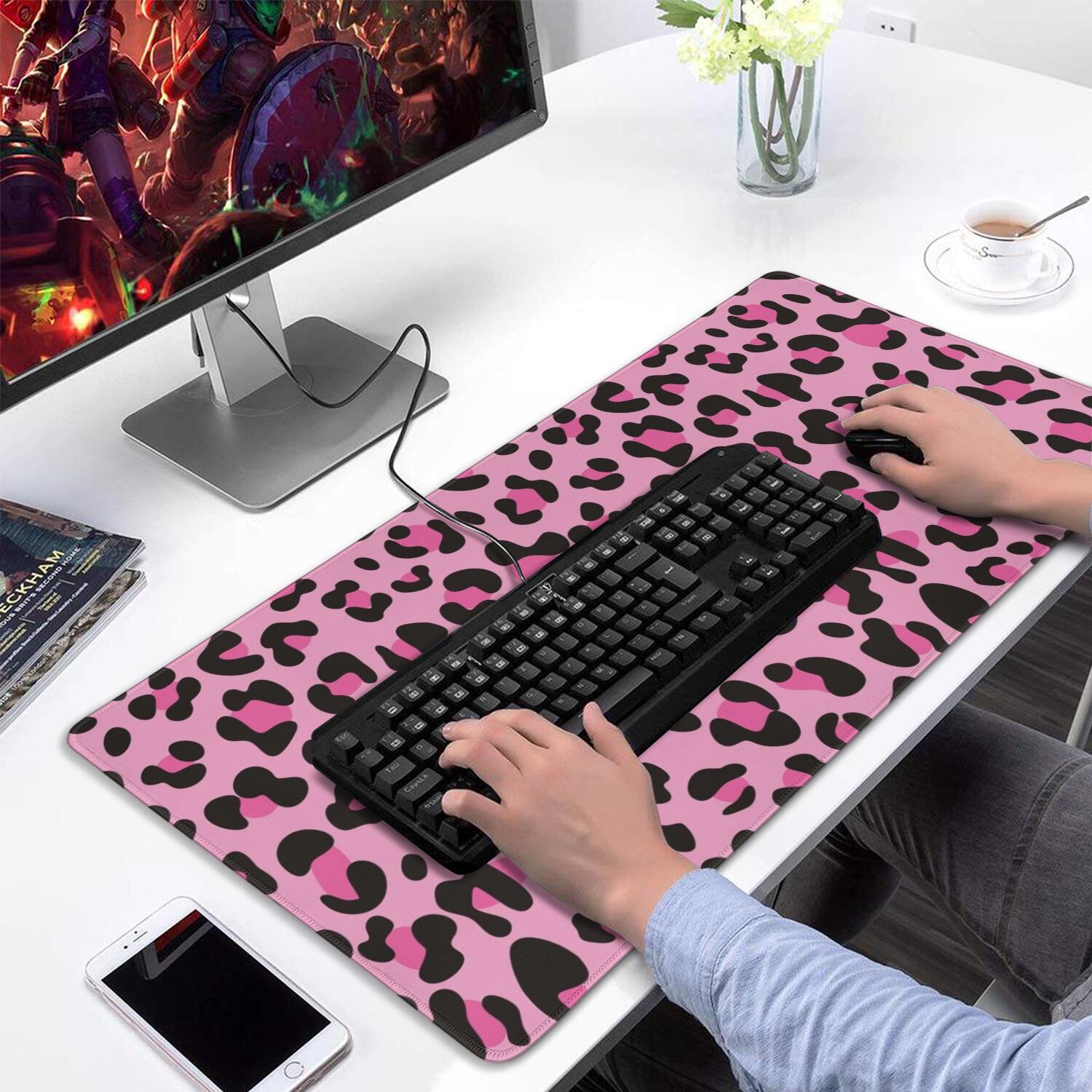 Long Mouse Pads for Desk,Pink and Black Of Leopard Print Desk Mats on Top Of Desks, Desk Mouse Pad Extra Large with 3mm Non-Slip Base and Stitched Edge for Gaming,Office,Work,Home 31.5"x15.7"
