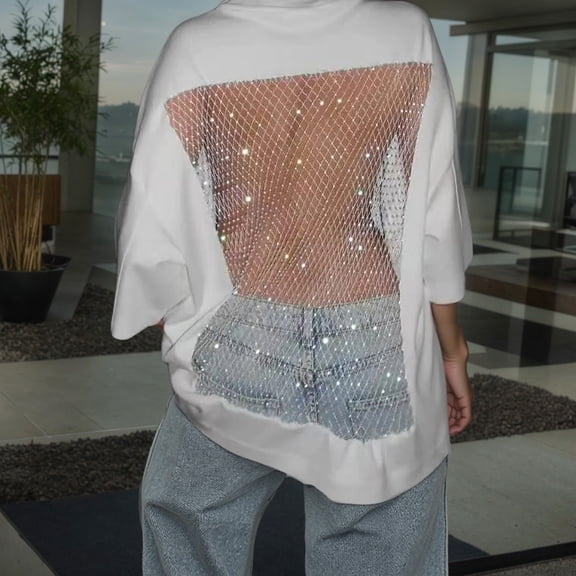 Xiaoxatg Womens T Shirts, Fashion Women's Tee with Backless Mesh Detail Rhinestone Loose Casual Fit for Everyday Wear White M