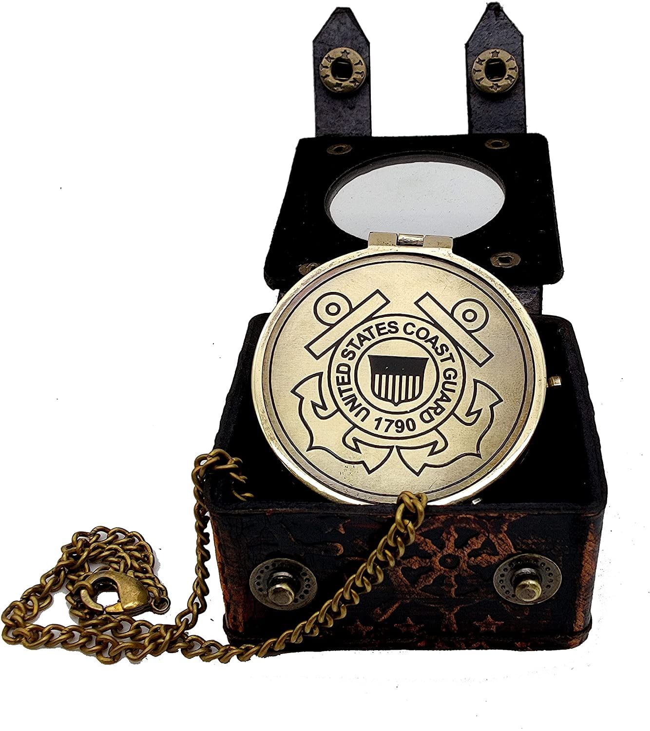 5MOONSUN5's US Coast Guard Engraved Brass Military Compass Nautical Marine Gift A Perfect and Unique Gift for Army Person Survival Navigation Compass for Hiking Camping with Leather Display Case