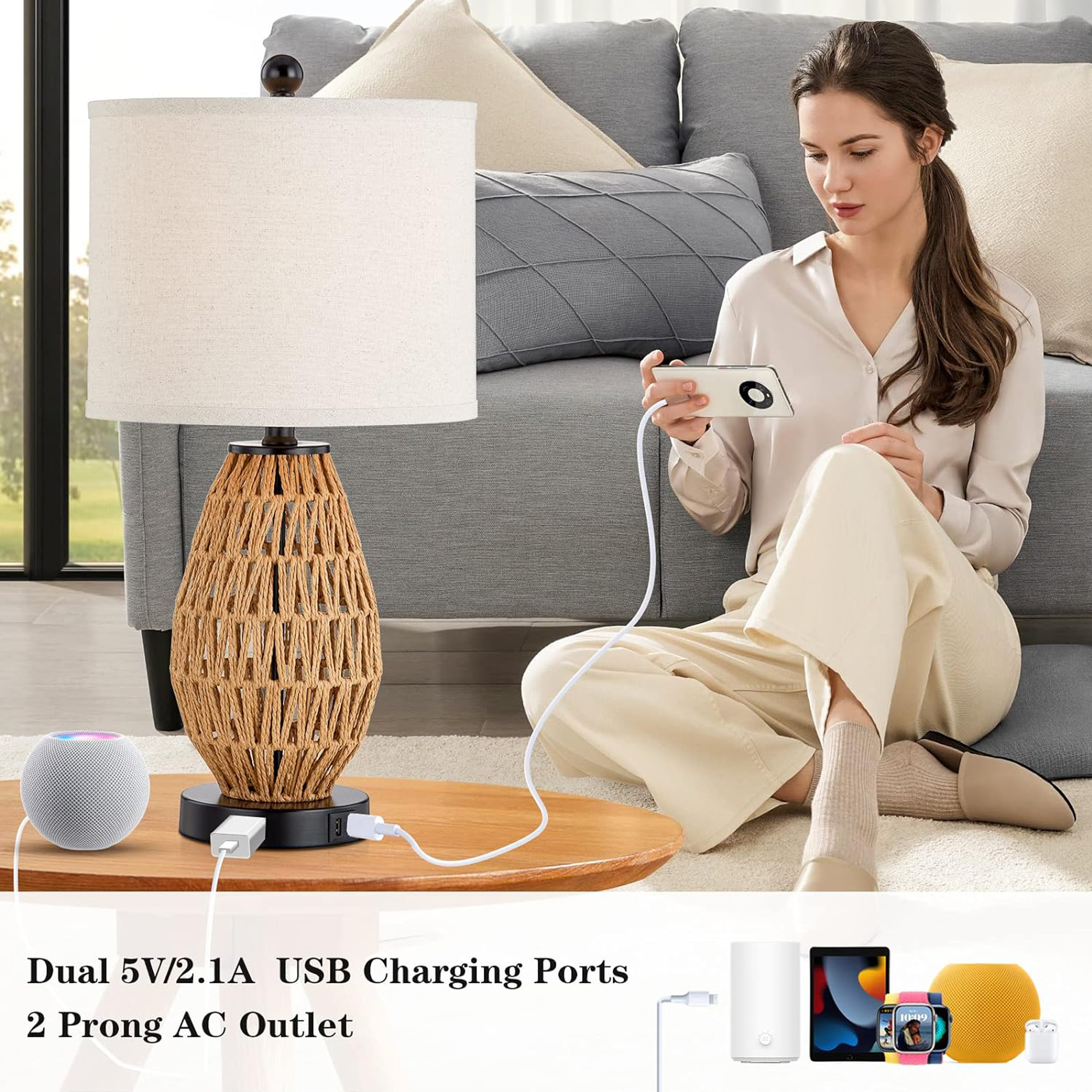 Cinkeda Touch Control Table Lamp with USB Ports AC Outlet Oatmeal Braided Rattan 3 Way Dimmable Bedside Lamp for Living Room Bedroom(1 Bulb) - image 4 of 8