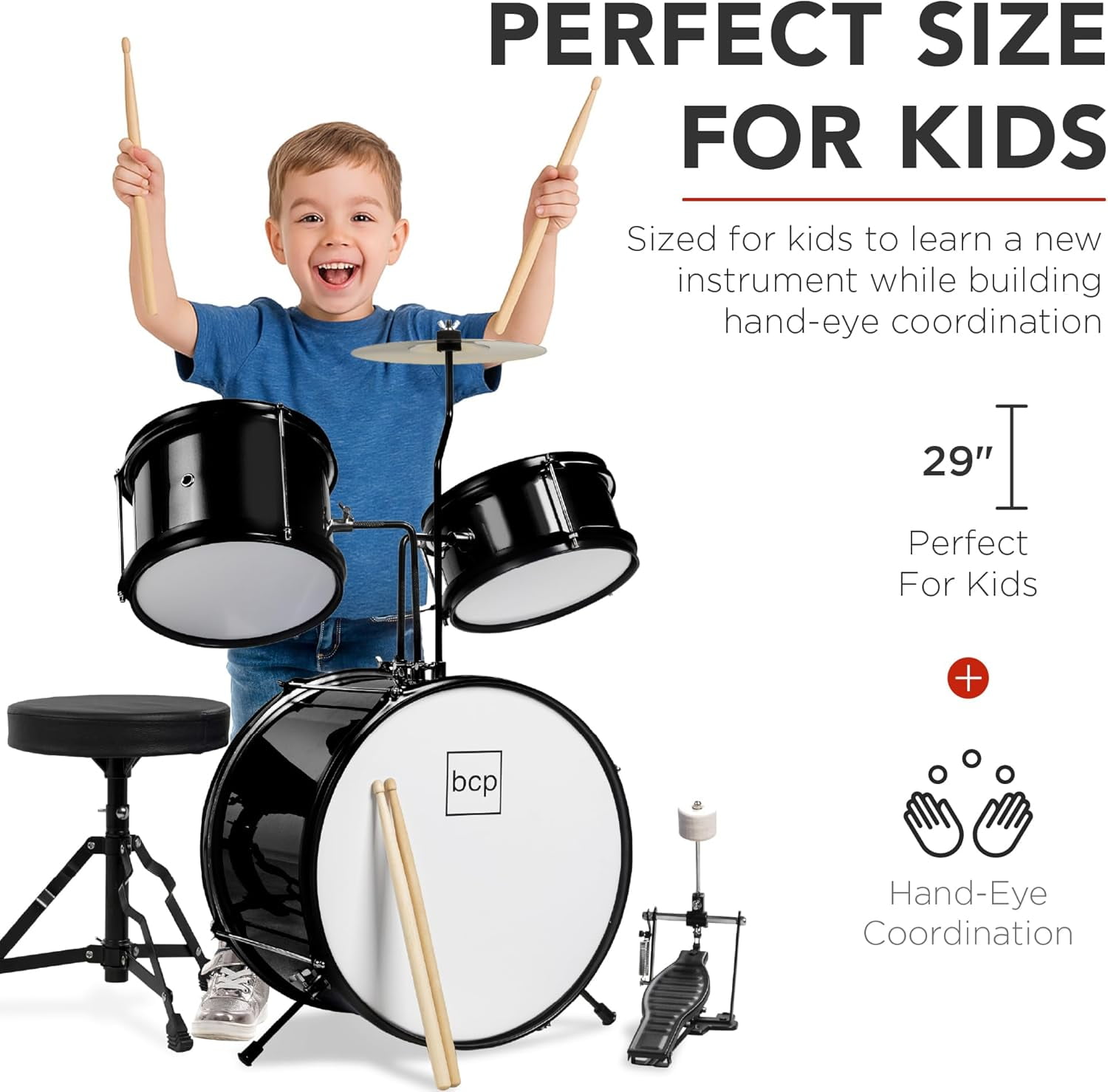 HarmonyStrings 3-Piece Beginner Drum Set for Kids Juniors, w/Throne Stool, Cymbal, Drum Sticks, Bass Drum Pedal, 2 Toms Black