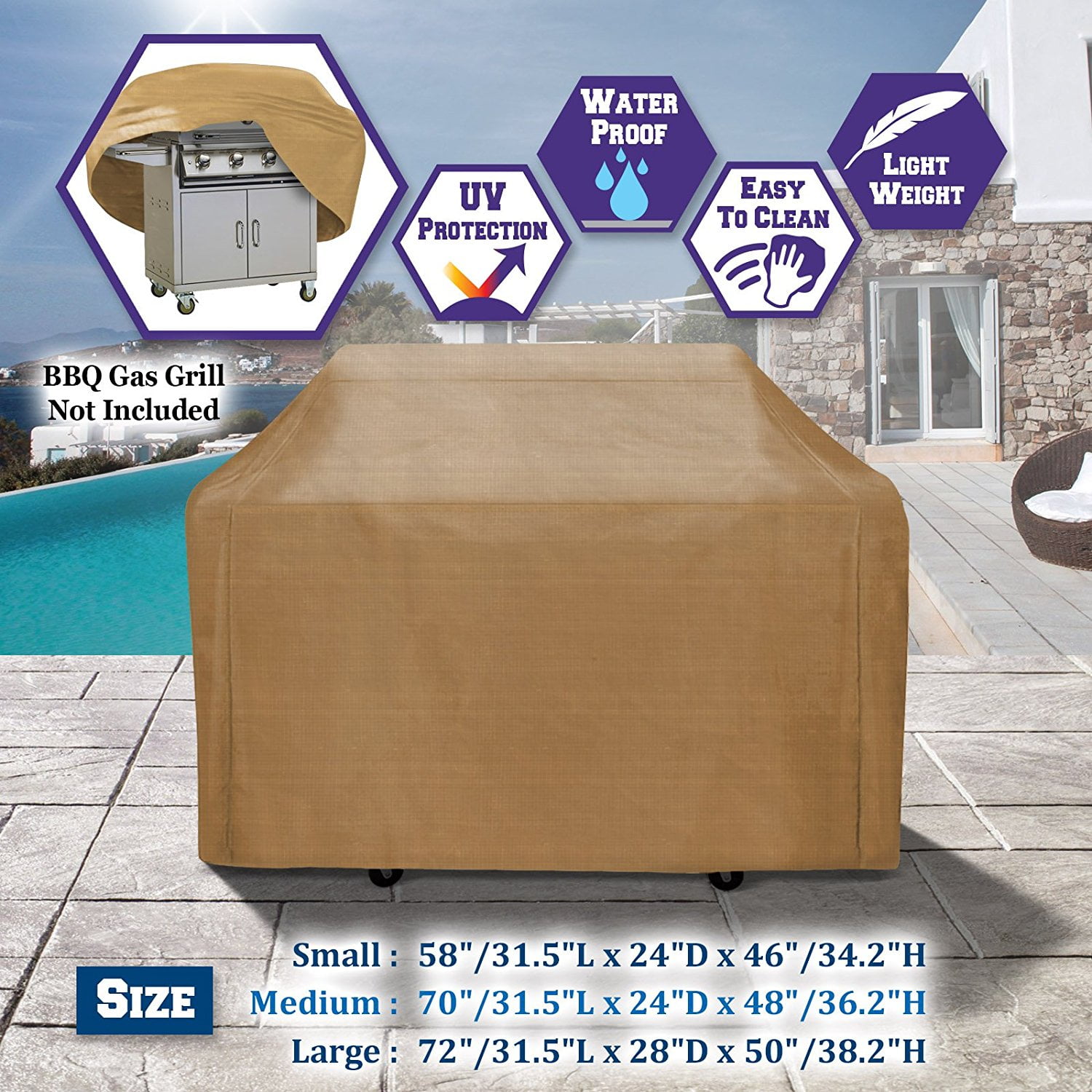 Sunrise Outdoor Patio Gas Grill Cover, BBQ Grill Protector (Medium, Tan