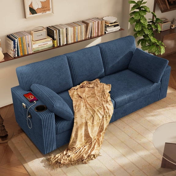 Rophefx 82" Comfy 3 Seat Sofa,Corduroy Deep Seat 3 Seater Couch with USB Ports,Cup Holders,Modern Loveseat Sofa for Small Spaces, Living Room, Bedroom,Blue