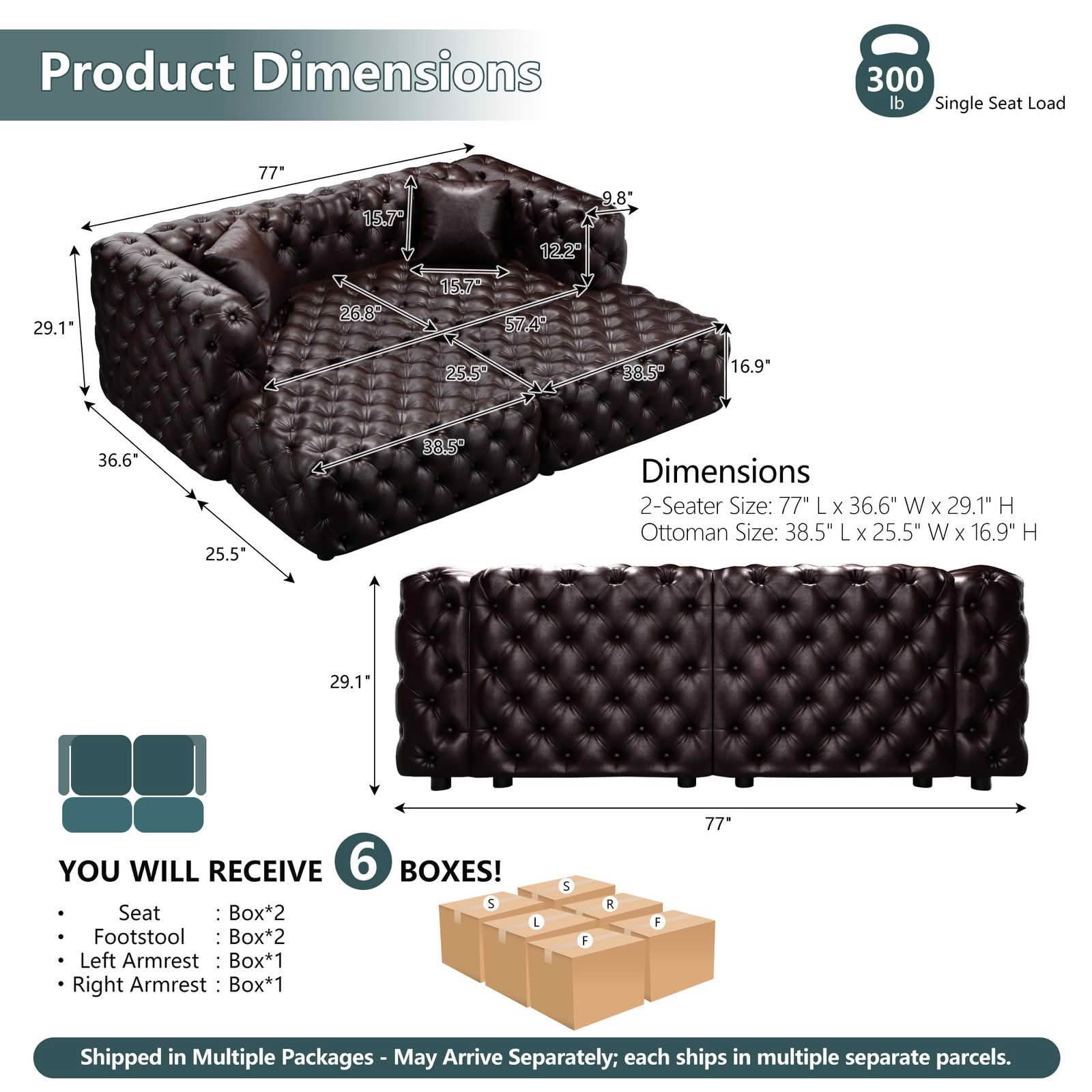 MAYEERTY 77 Inch Faux‑Leather 2‑Seat Modular Sofa Set, Handcrafted Button Tufted Couch with 2 Ottomans & 2 Pillows for Living Room & Small Apartment