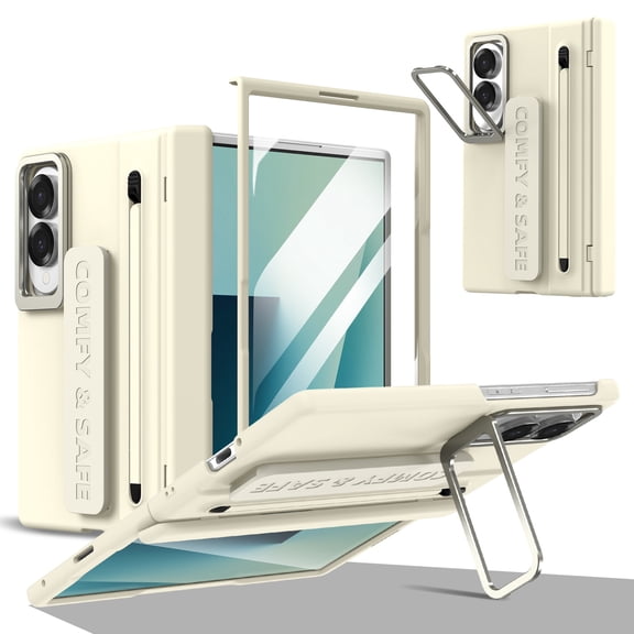 LHNUNP for Samsung Galaxy Z Fold 8 Case with S Pen Holder & Kickstand, Full Body Shockproof Cover with Lens Protector, Apricot