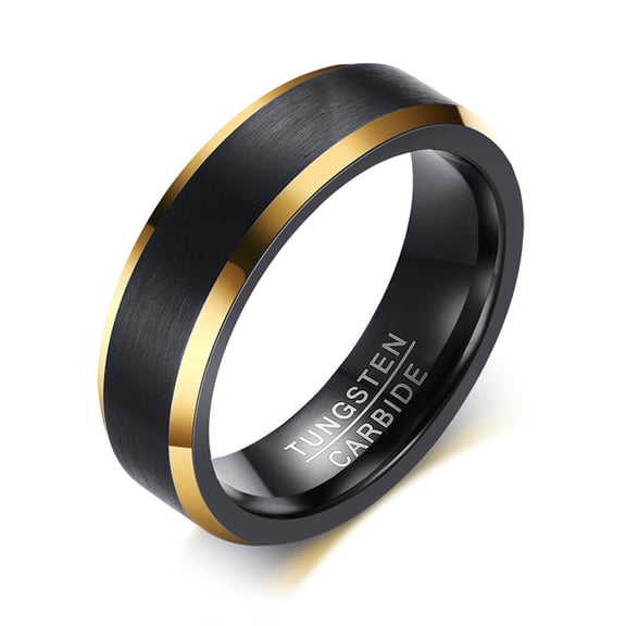 Tungsten Carbide Wedding Ring for Men,6mm Black Flat Matte Finish Gold Beveled Edge,Size 8