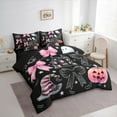 thumbnail image 3 of Feelyou Halloween Pumpkin Twin Bedding Sets 7-Piece, Black Pink Bowknot Bow Bedding Comforter Set, Gothic Princess Castle Reversible Sheet Sets, Luxury Bedroom Decor, 3 of 6