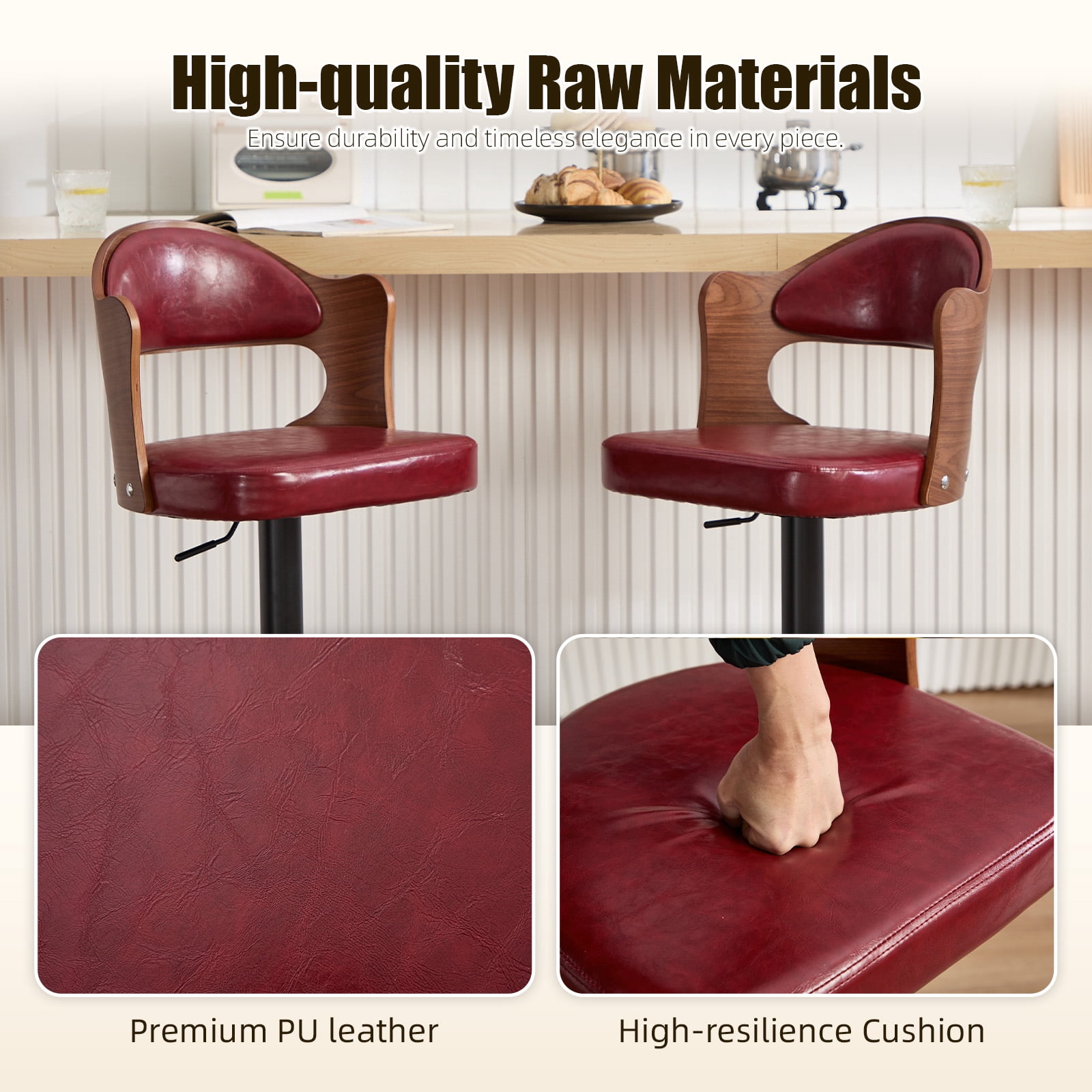 MOONMISS Swivel Bar Stools Set of 2, Wooden Kitchen Bar Chairs with Back, PU Leather Counter Height Barstools for Kitchen Island,Wine Red