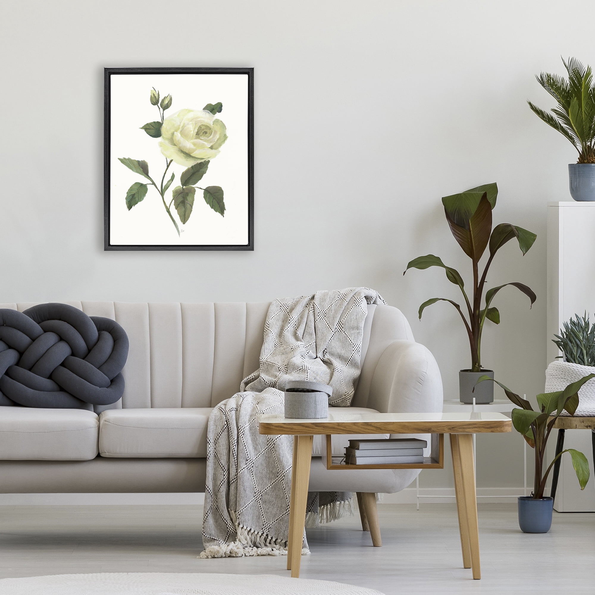 Stupell Industries Cream Garden Rose with Buds Black Framed Floater Canvas Wall Art, design by Nan