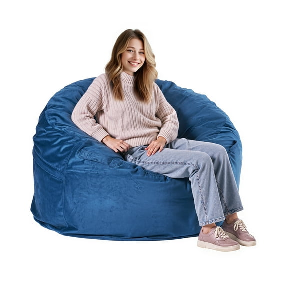 VEVOR Bean Bag Chair, Round BeanBag Chair with Removable & Washable Cover for Adult, Dutch Velvet & High-Density Foam Filling Adult Bean Bag with Handle and Side Pocket for Living Room, Bedroom, Blue