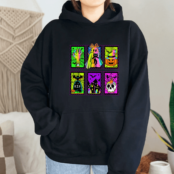 Neon Halloween Long Sleeve Tops for Womens Coquette Spooky/Boo/Ghost Hoodies Graphic Tees Casual Sweatshirts Fashion Cotton Shirts Black,S