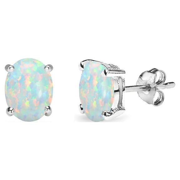 Simulated White Opal 6x4mm Oval-Cut Solitaire Sterling Silver Stud Earrings
