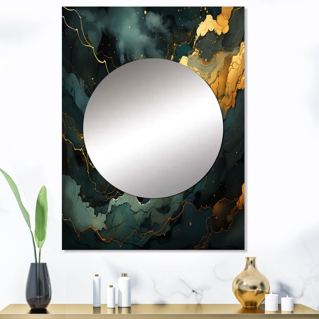 Designart "Aura of Gold and Green in Abstract Marble III" Abstract Marble Mirror Wall Decor - Modern Gold Abstract Large Printed Mirror Wall Decor For Bedroom - 40" x 30" Inch
