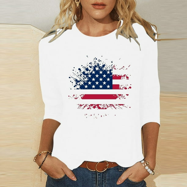 Fiudx Camisas para Mujer Blusa Holgada con Estampado Del Día de La Independencia, Manga Tres Cuartos, Cuello Redondo, Informal, para Mujer