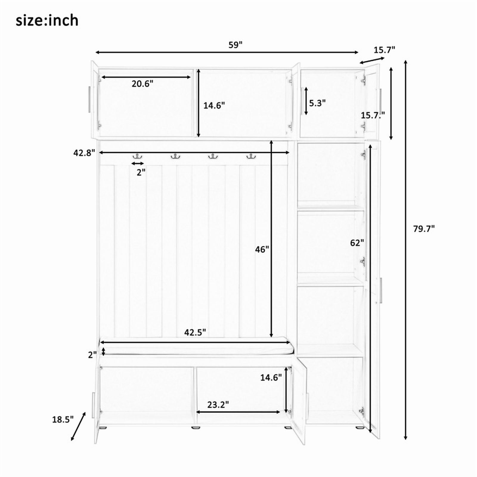 4-in-1 Hall Tree with Padded Bench and Storage Cabinets, Entryway Coat Rack with 4 Hooks and Multi-Tier Storage Shelves, Mudroom Bench Shoe Organizer for Living Room Hallway