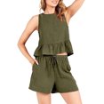 thumbnail image 3 of FOCUSNORM Women's Summer Shorts 2Pcs Suit Solid Color Ruffle Crop Top Tanks + Elastic Waist Drawstring Shorts Outfits, 3 of 7