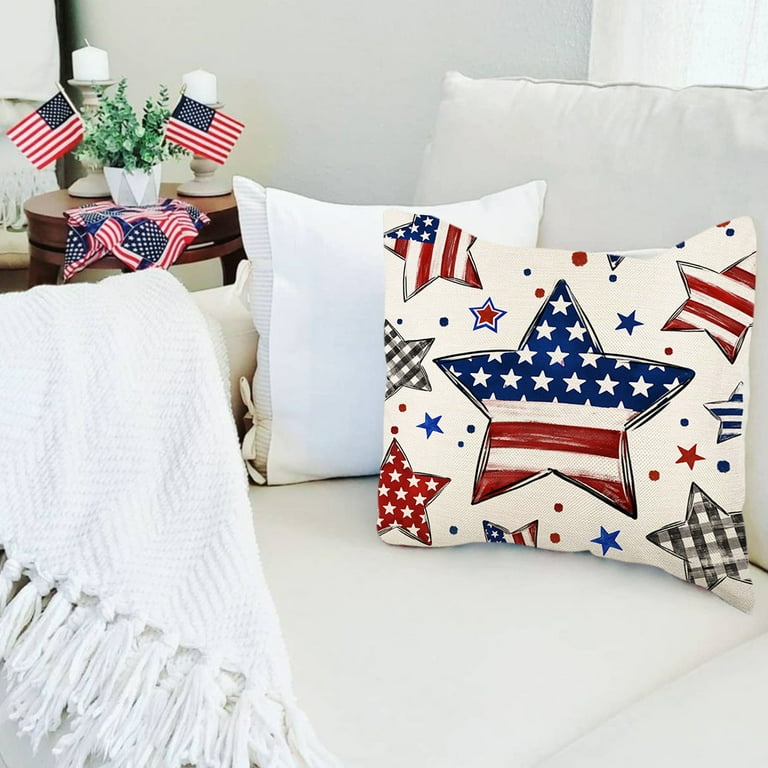 RLCMO Patriotic 4th Of July Flowers Garland Throw Pillow Cover 18 X 18 Inch Linen For Patriotic Star Stripes Independence Memorial Day Sofa Couch Decor Family Room Home Decor Car Chion