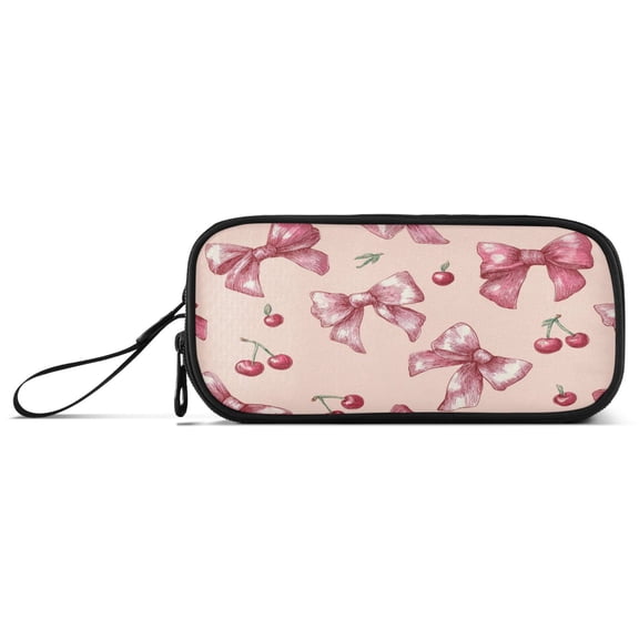 Pink Bows Cherries Hand Drawn Pencil Case Stationary Holder Pen Bag Pencil Pouch Tool Organizer 3 Compartments