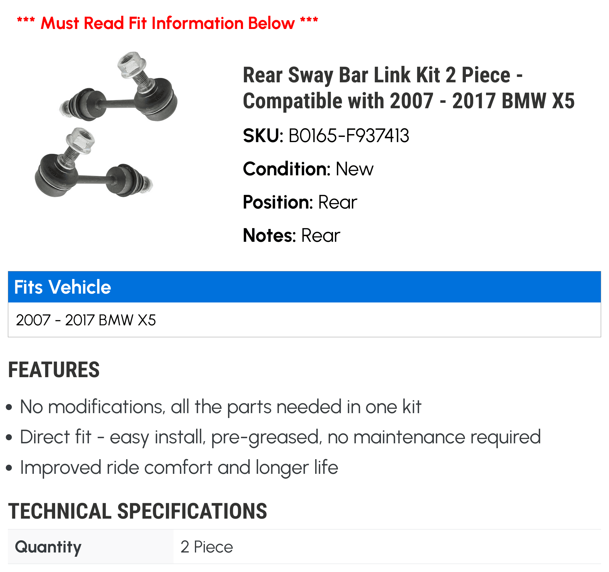 Rear Sway Bar Link Kit 2 Piece - Compatible with 2007 - 2017 BMW X5 2008 2009 2010 2011 2012 2013 2014 2015 2016