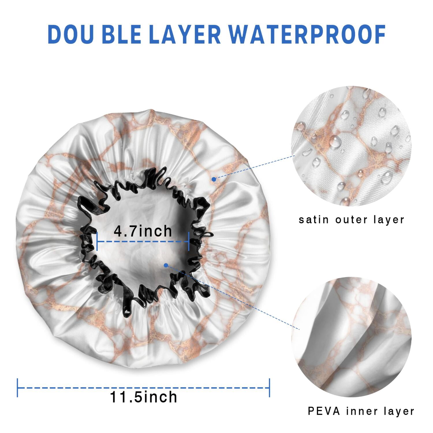 Shower Caps,White Marble Rose Gold Line Pattern Waterproof Shower Cap for Women 4 Pieces,Double Reusable Hair Cover for Shower PEVA Elastic Stretch Hem
