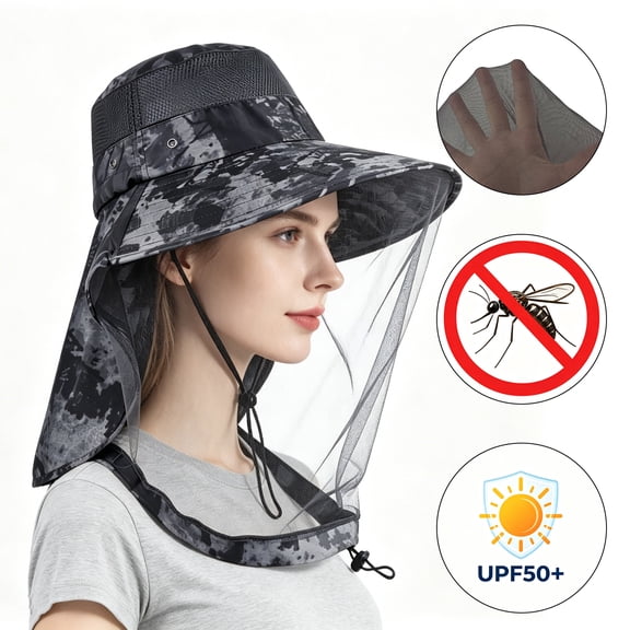 Kimwasom Mosquito Head Net Hat with Neck Flap, Wide Brim Sun Hat with Bug Net, UPF 50 Protection Hiking Fishing Camping Safari Hat for Men Women, Black