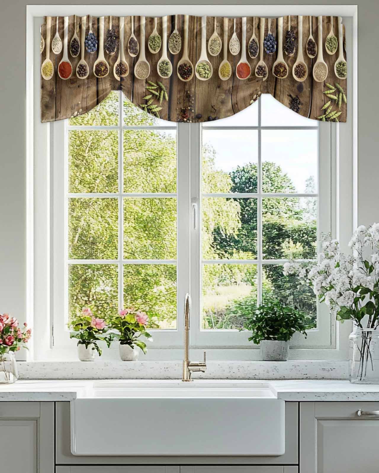 Kitchen Spices Curry Tie Up Valances Curtain, Adjustable Kitchen Chilli Pepper Wood Farmhouses Valances for Windows Decor, Rod Pocket Short Curtains Set for Bedroom/Bathroom, 60"x18"